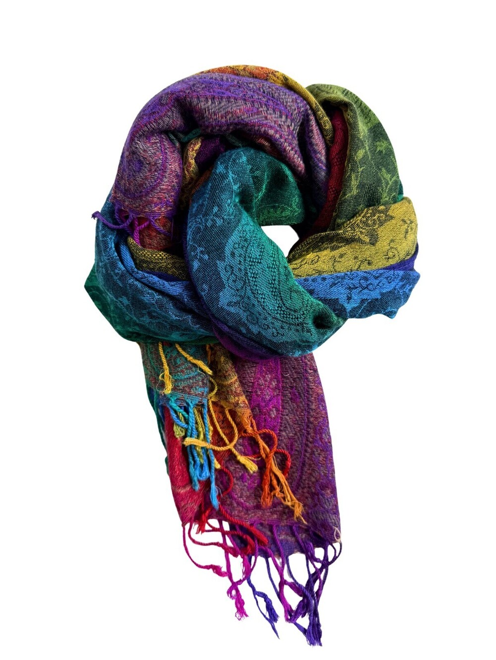 Vintage Rainbow Paisley Pashmina Fringe Shawl Wrap Boho Festival Scarf